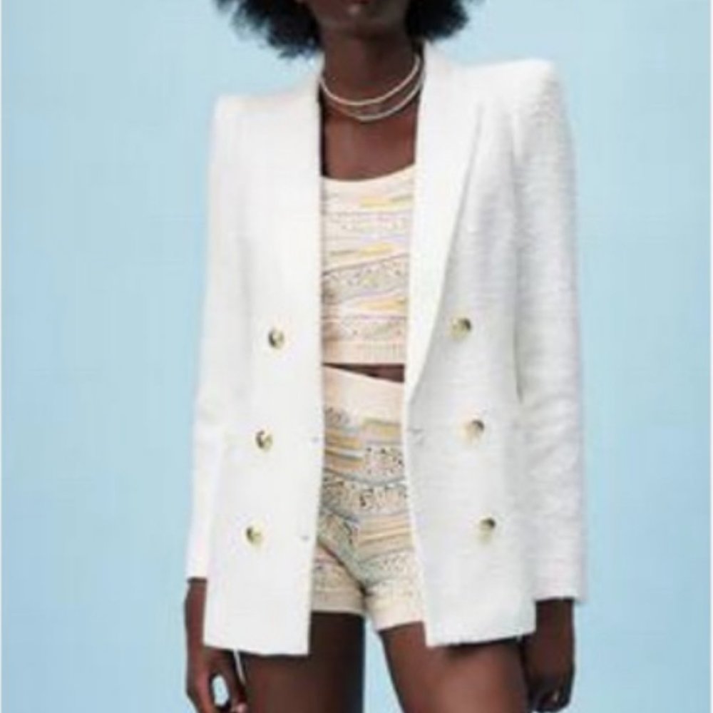 Zara White Tweed Texture Tailored Double Breasted Blazer
